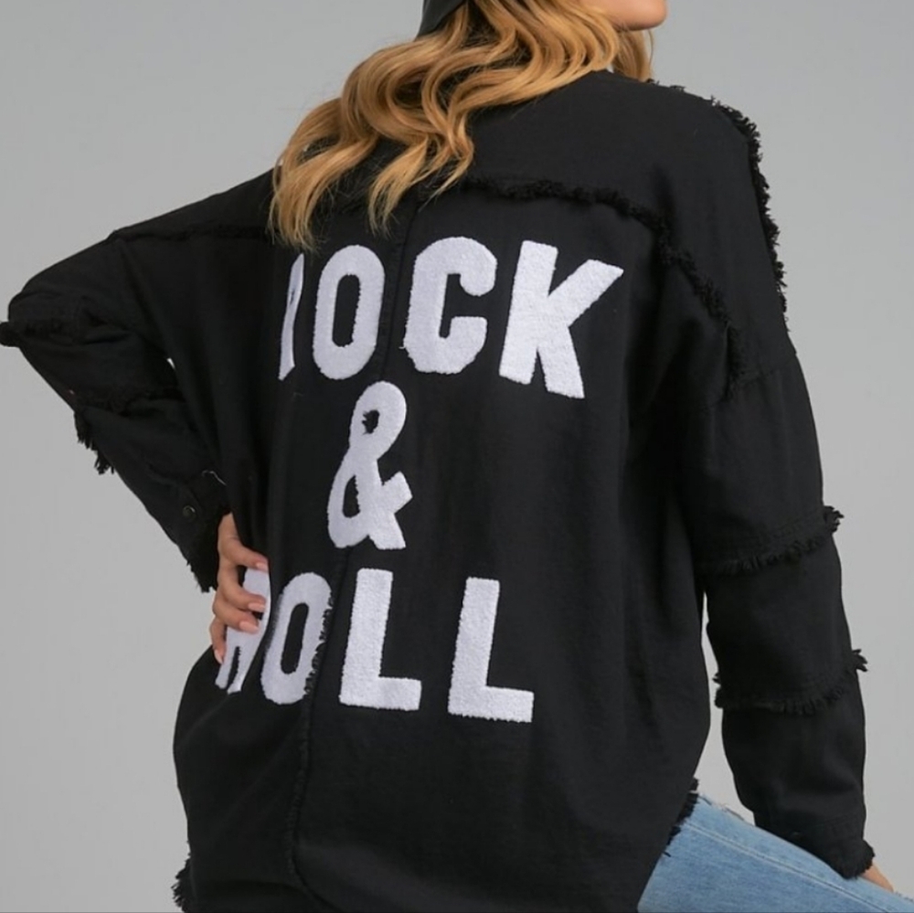 Elan Rock & Roll Denim Shirt Jacket M Devan Snap Front Frayed Grunge Shacket